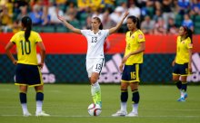 EDMONTON, AB - JUNE 22: Alex Morgan #13 of the United States reacts in the second half while taking on Colombia in the FIFA Women's World Cup 2015 Round of 16 match at Commonwealth Stadium on June 22, 2015 in Edmonton, Canada. (Photo by Kevin C. Cox/Getty Images)