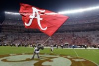 Sep 13, 2014; Tuscaloosa, AL, USA; Alabama Crimson Tide mascot Big Al waves the Alabama flag following their 52-12 victory against the Southern Miss G...