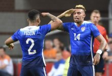 US Danny Williams (R) celebrates with US DeAndre Yedlin (L) after scoring a goal during the friendly football match between the Netherlands and USA on June 5, 2015 at the Arena Stadium in Amsterdam. AFP PHOTO / JOHN THYSJOHN THYS/AFP/Getty Images